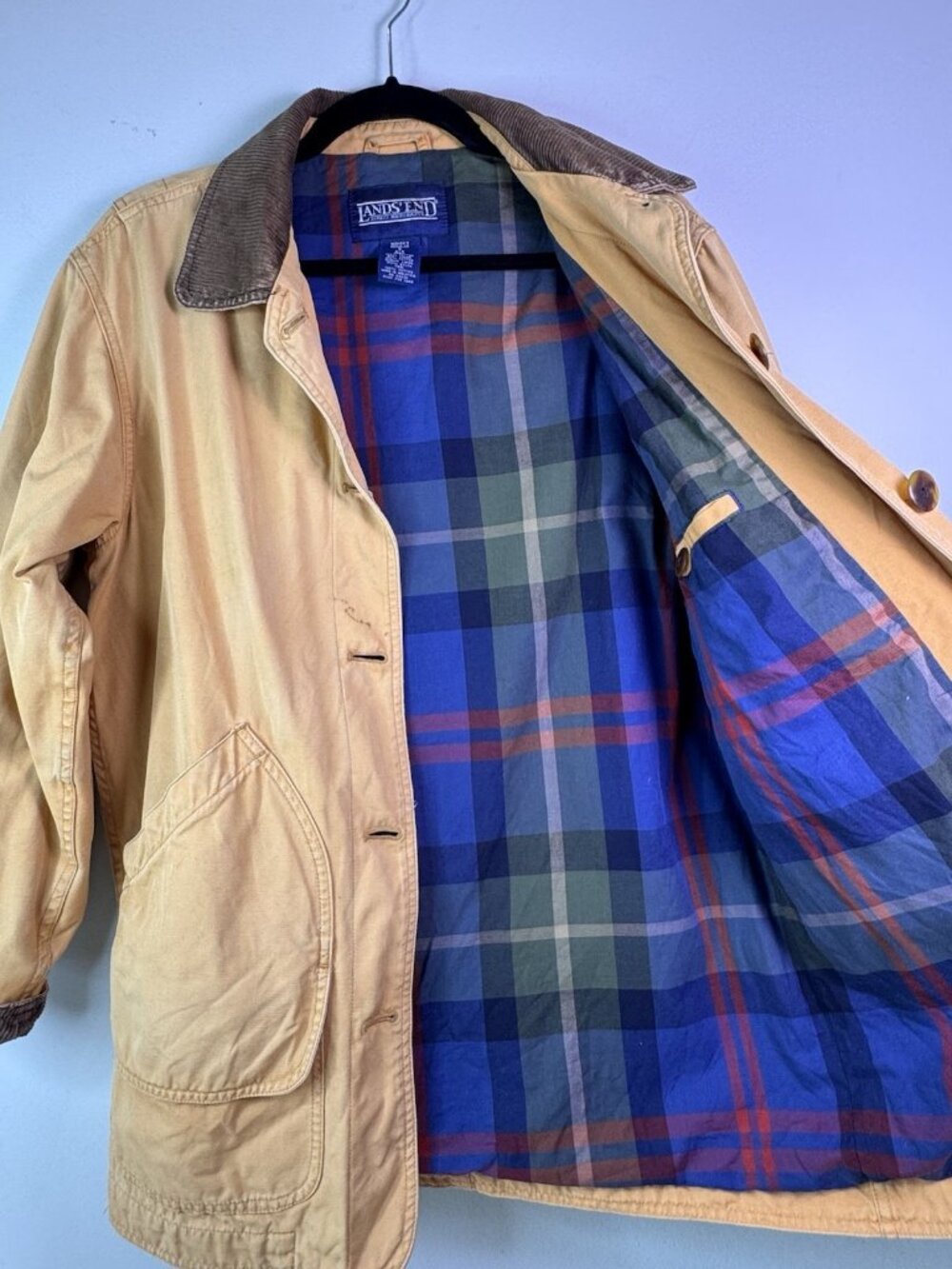 VTG Land's End Barn Coat Women Tan Canvas Plaid Lined Corduroy Collar Small